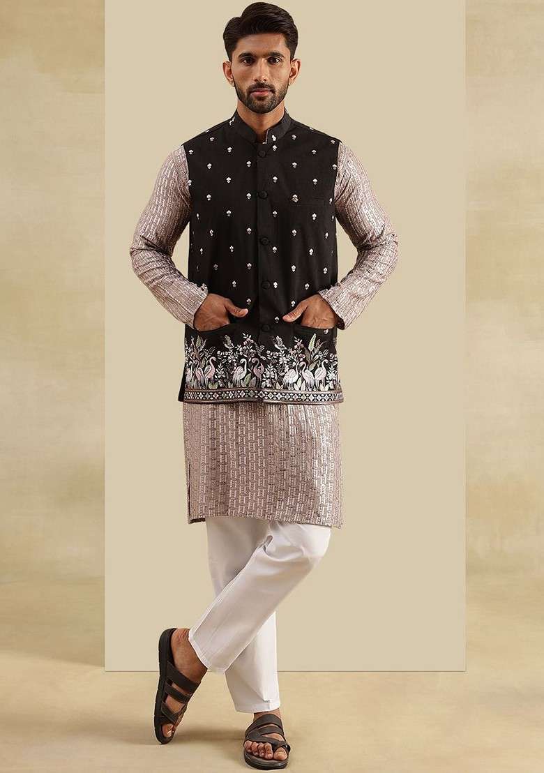 Brown Embroidered Poly Blend Kurta Set For Men - Indya