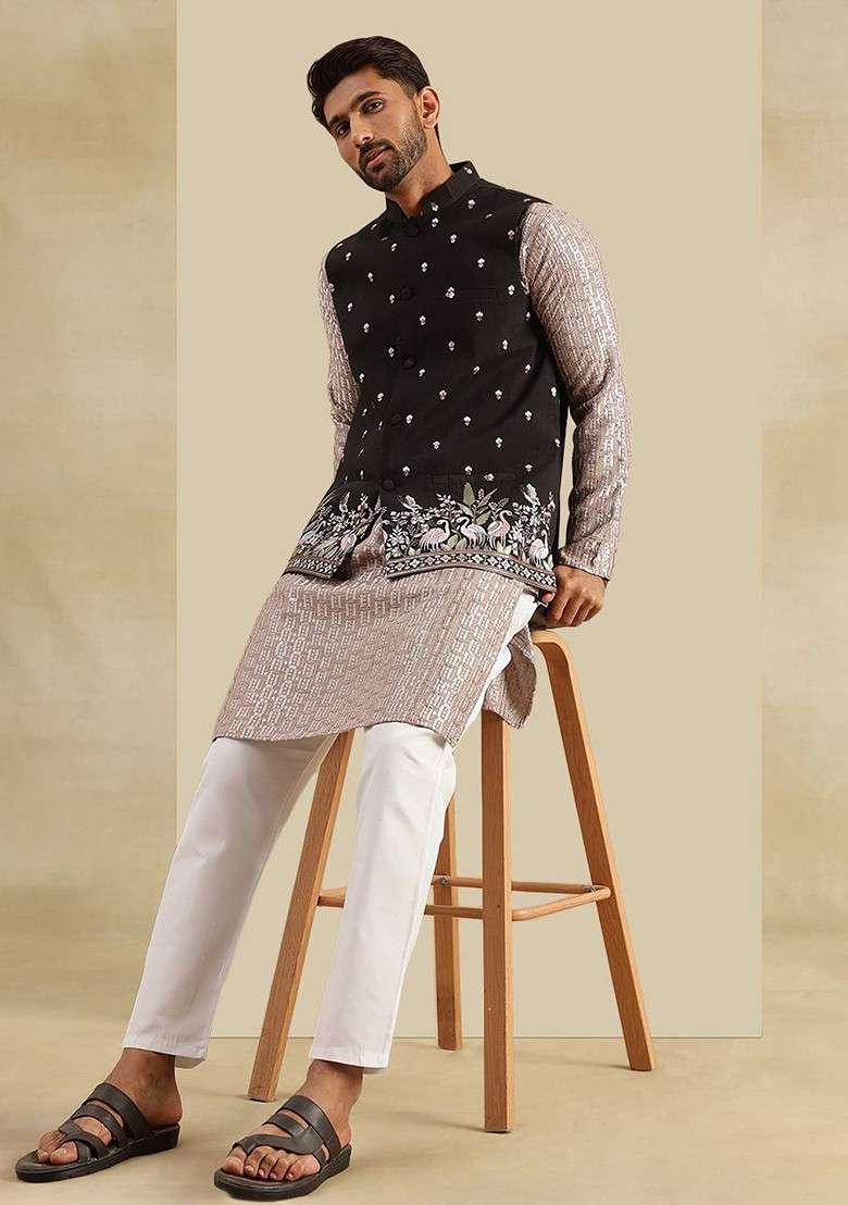 Brown Embroidered Poly Blend Kurta Set For Men - Indya