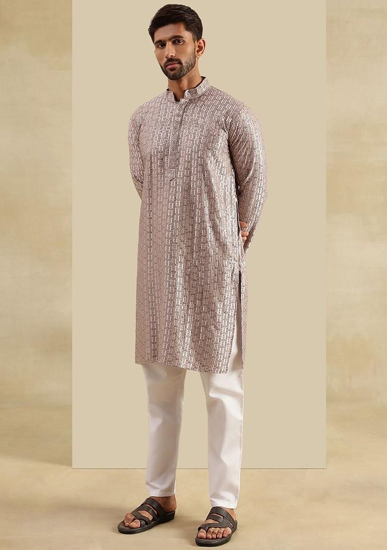 Brown Embroidered Poly Blend Kurta Set For Men