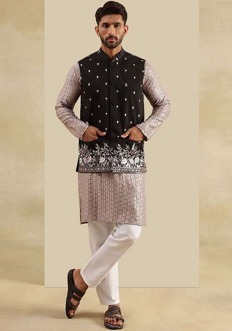 Brown Embroidered Poly Blend Kurta Set For Men