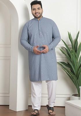 Grey Embroidered Cotton Kurta Set For Men