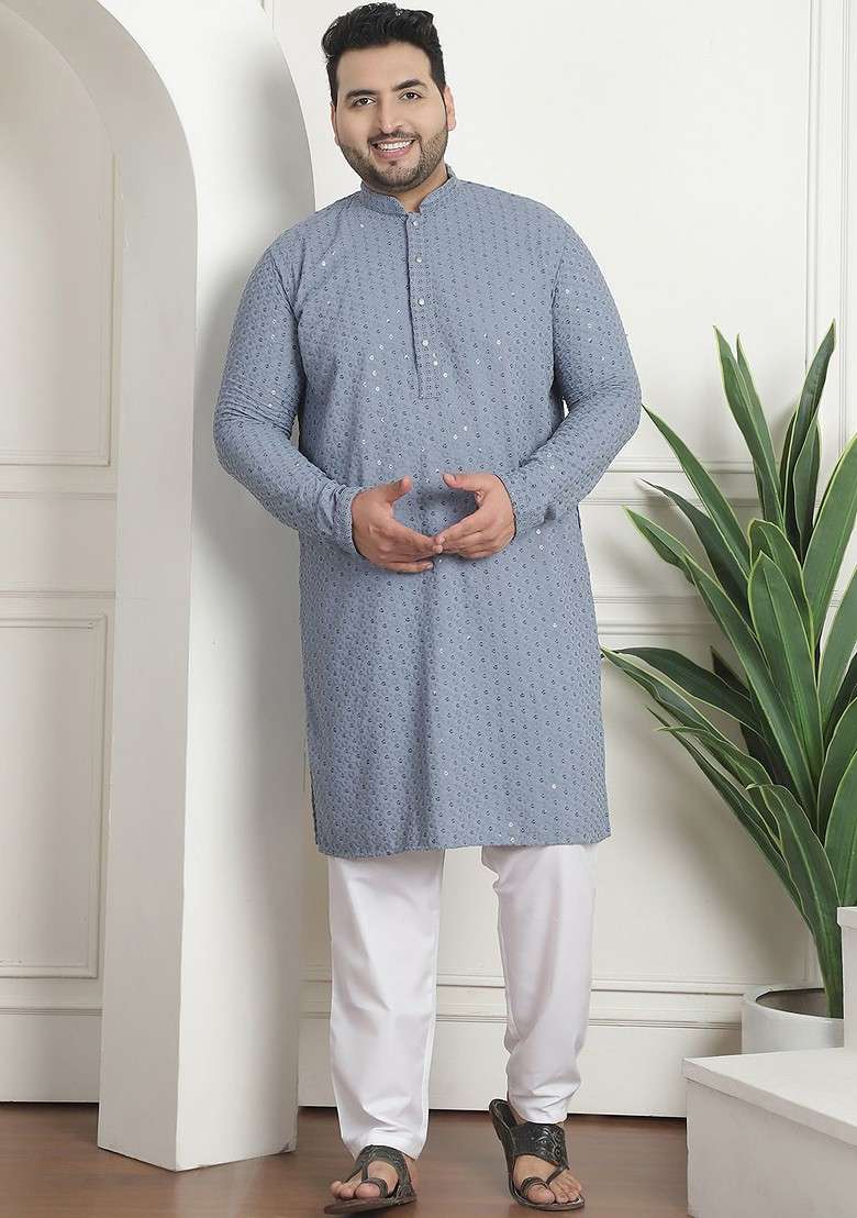 Grey Embroidered Cotton Kurta Set For Men - Indya