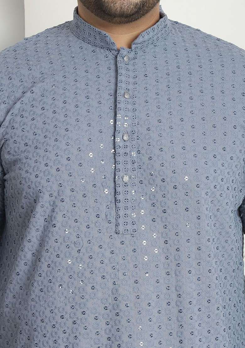 Grey Embroidered Cotton Kurta Set For Men - Indya