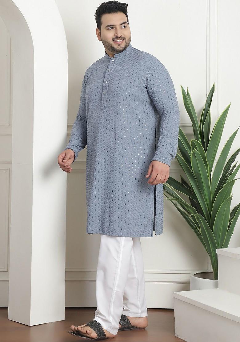 Grey Embroidered Cotton Kurta Set For Men