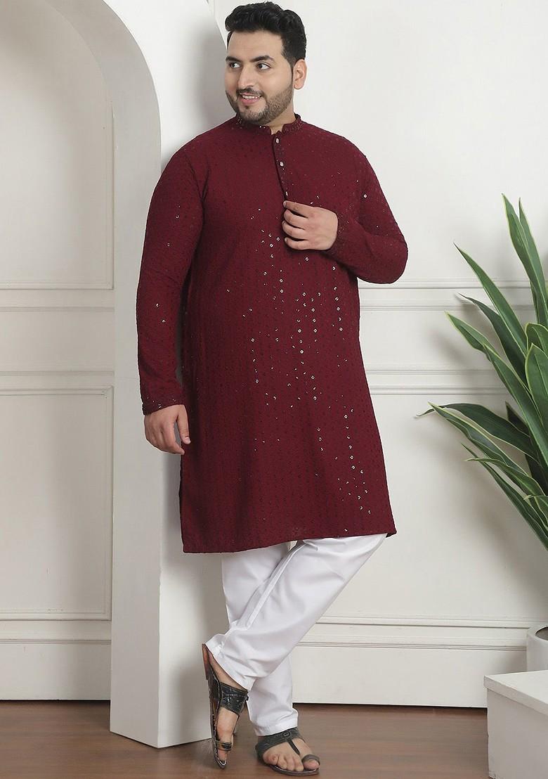Burgundy Embroidered Cotton Kurta Set For Men
