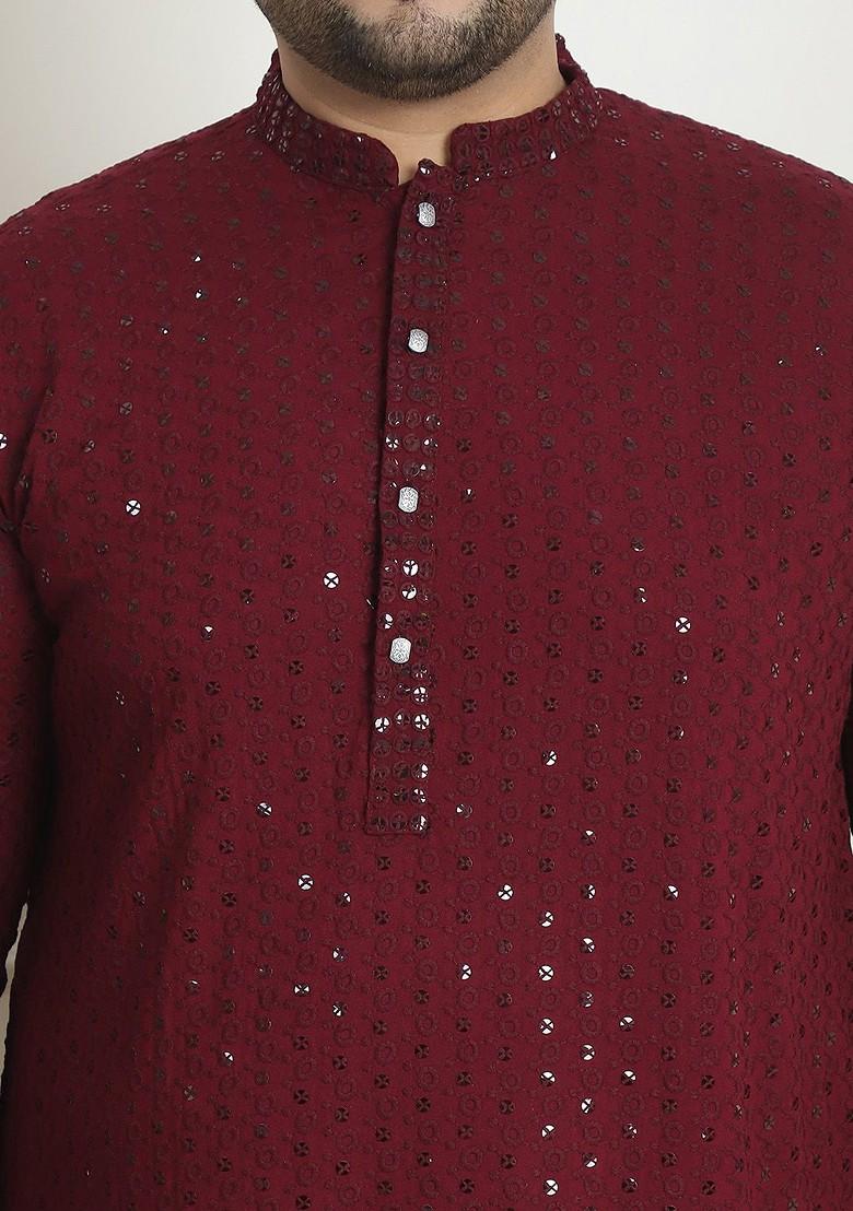 Burgundy Embroidered Cotton Kurta Set For Men