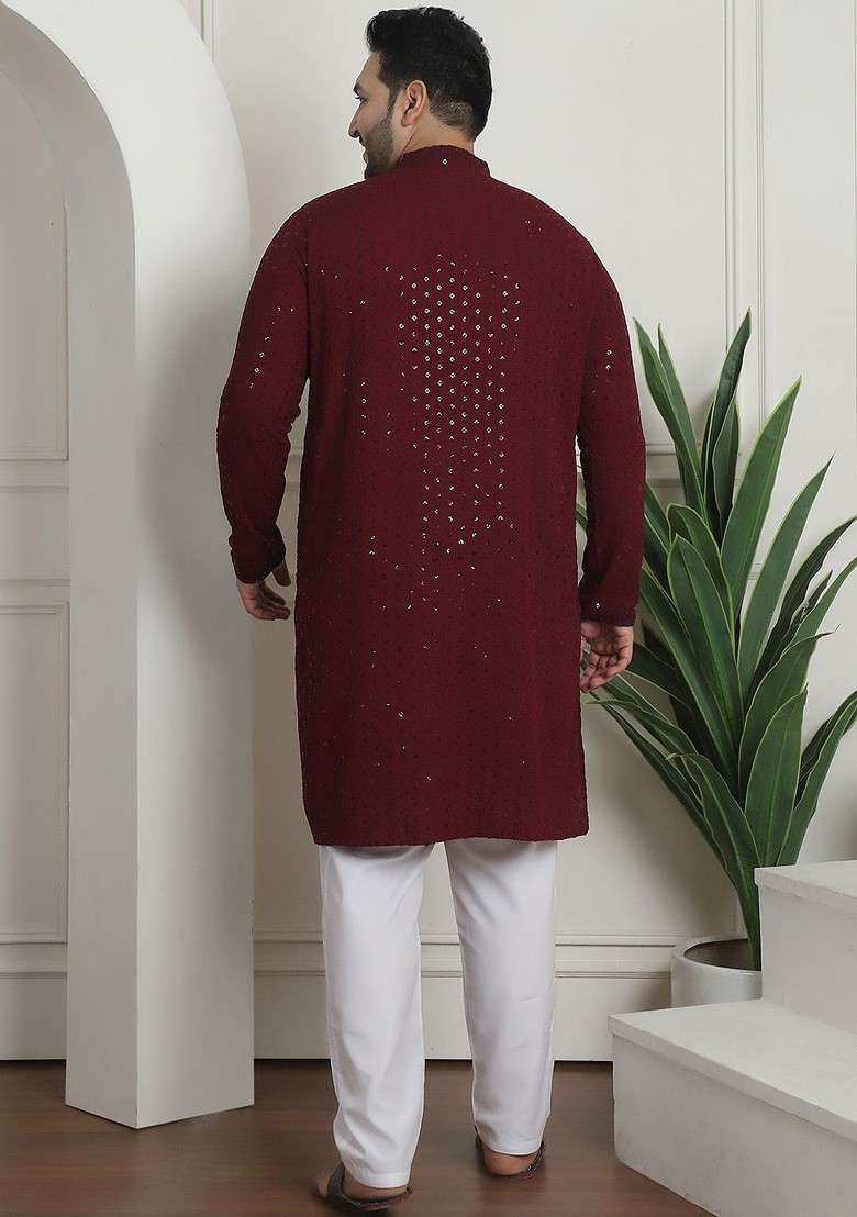 Burgundy Embroidered Cotton Kurta Set For Men - Indya