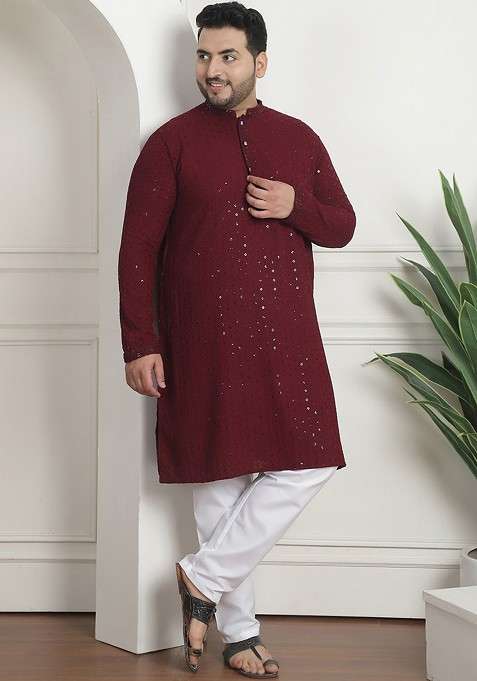 Burgundy Embroidered Cotton Kurta Set For Men