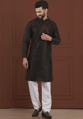 Black Thread Work Cotton Kurta Set For Men