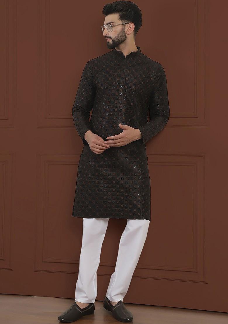 Black Thread Work Cotton Kurta Set For Men