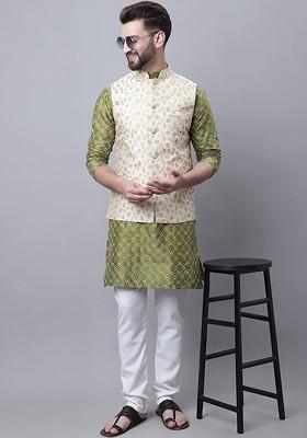 Olive Thread Work Poly Blend Kurta Set For Men