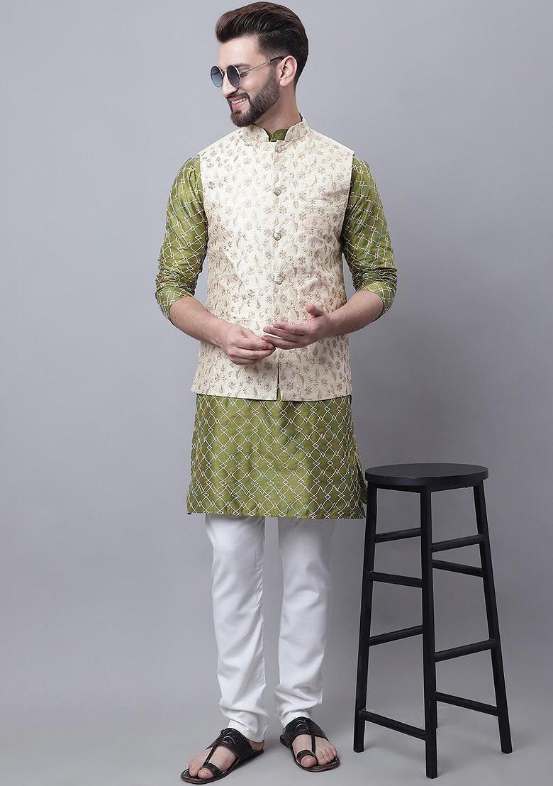 Olive Thread Work Poly Blend Kurta Set For Men