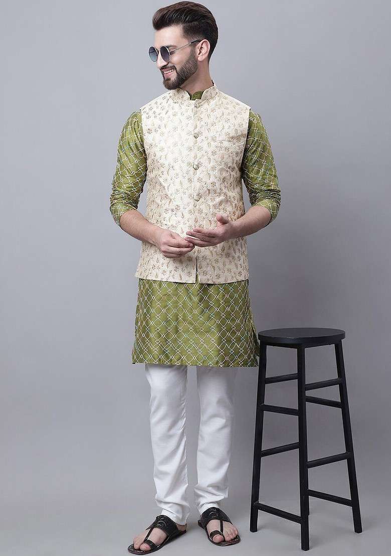 Olive Thread Work Poly Blend Kurta Set For Men - Indya