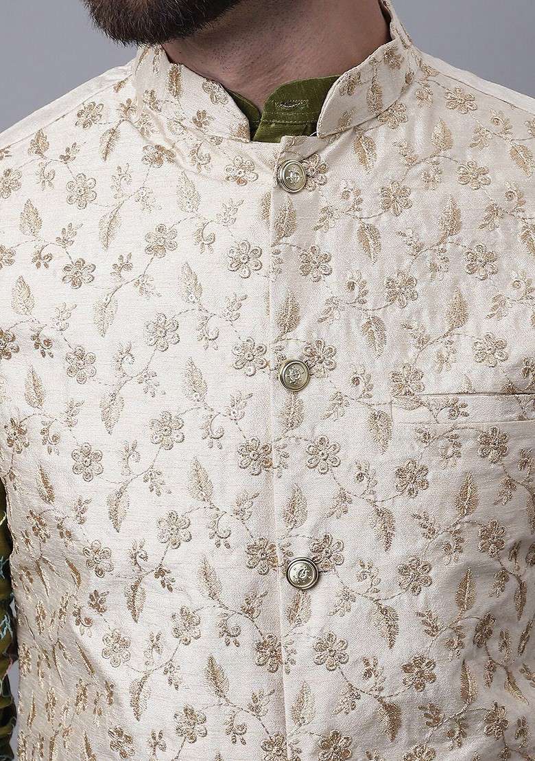 Olive Thread Work Poly Blend Kurta Set For Men - Indya