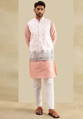 Pink Embroidered Poly Blend Kurta Set For Men