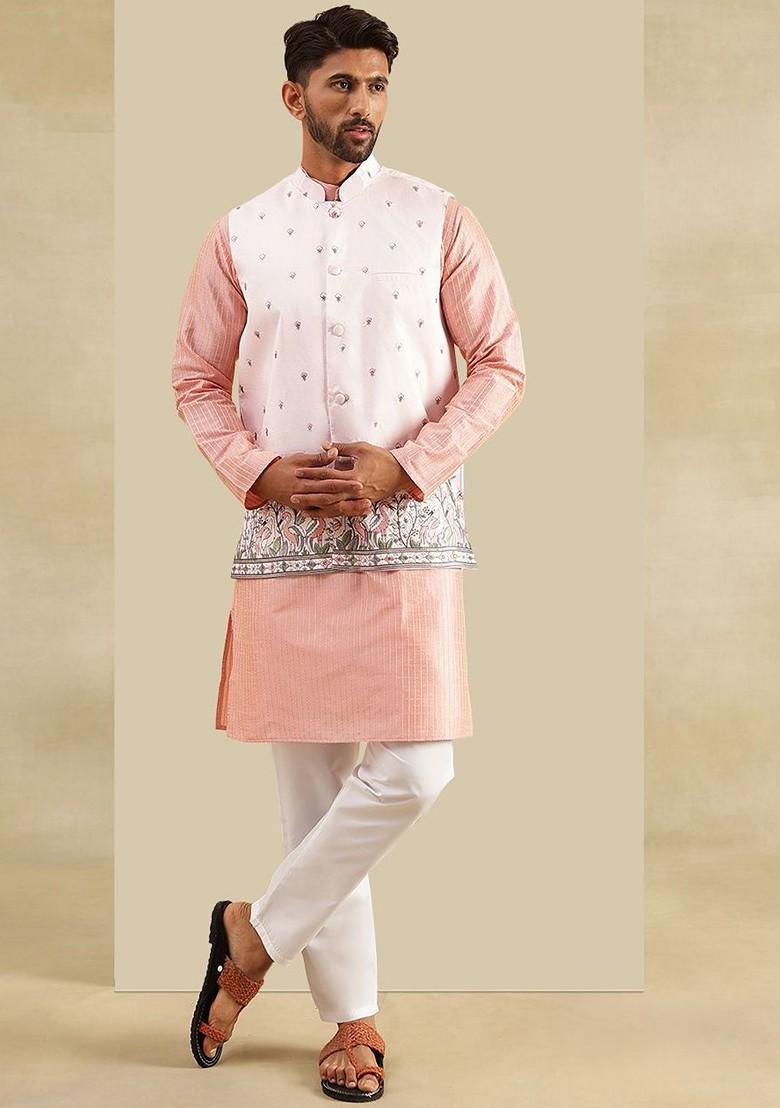Pink Embroidered Poly Blend Kurta Set For Men