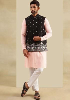 Peach Embroidered Cotton Kurta Set For Men