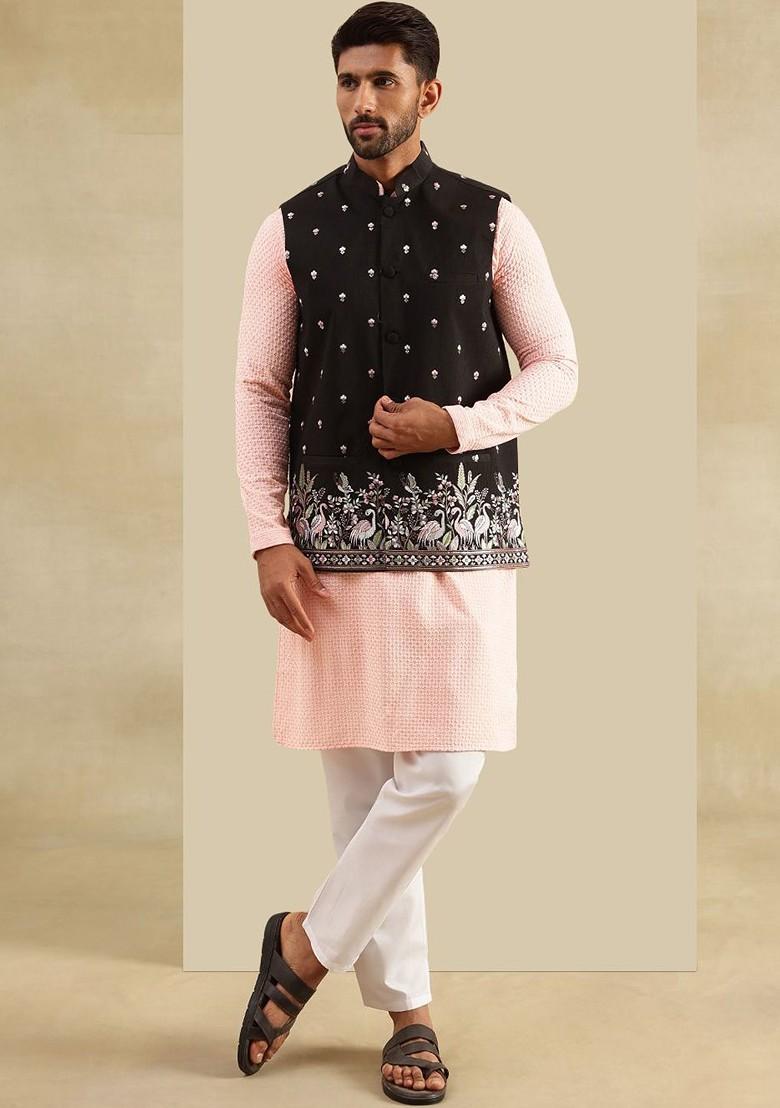 Peach Embroidered Cotton Kurta Set For Men