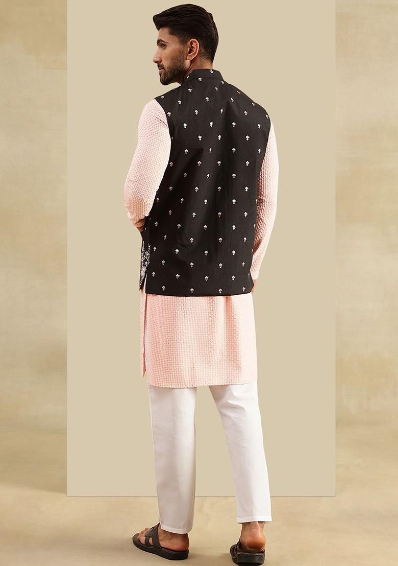 Peach Embroidered Cotton Kurta Set For Men