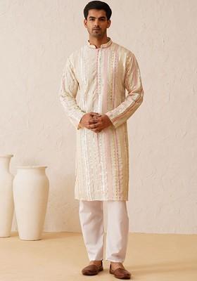 Off White Embroidered Poly Blend Kurta Set For Men
