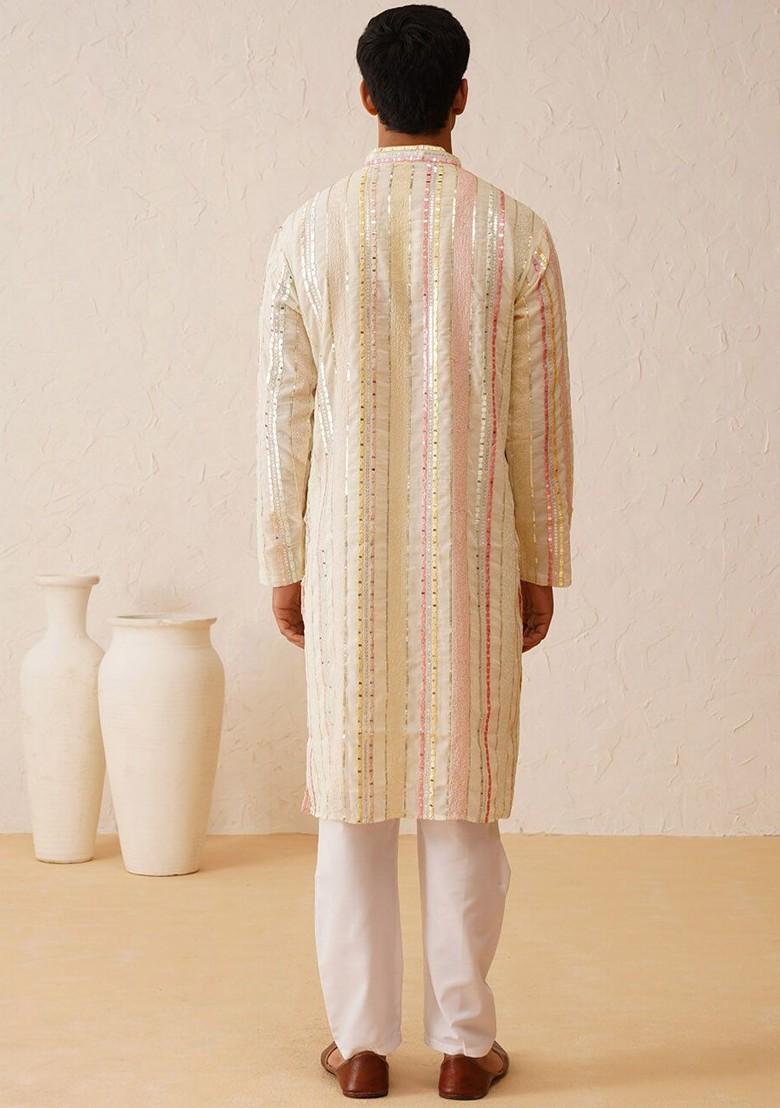 Off White Embroidered Poly Blend Kurta Set For Men