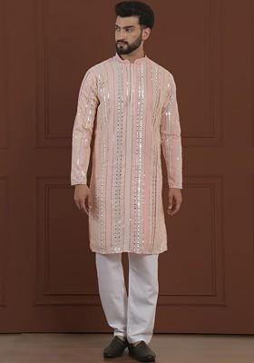 Pink Striped Poly Blend Kurta Set For Men