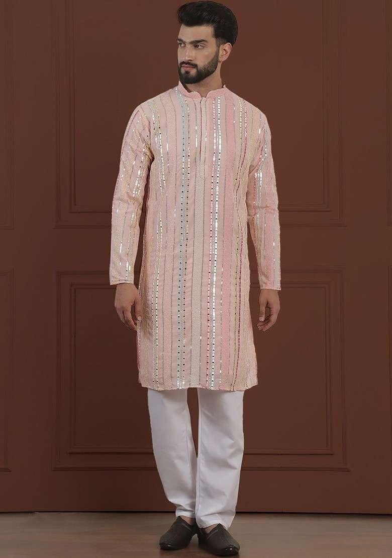 Pink Striped Poly Blend Kurta Set For Men - Indya