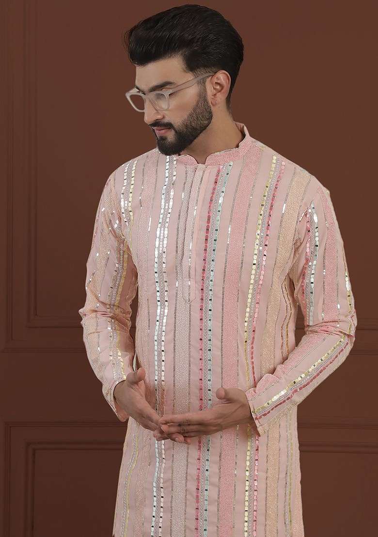 Pink Striped Poly Blend Kurta Set For Men - Indya
