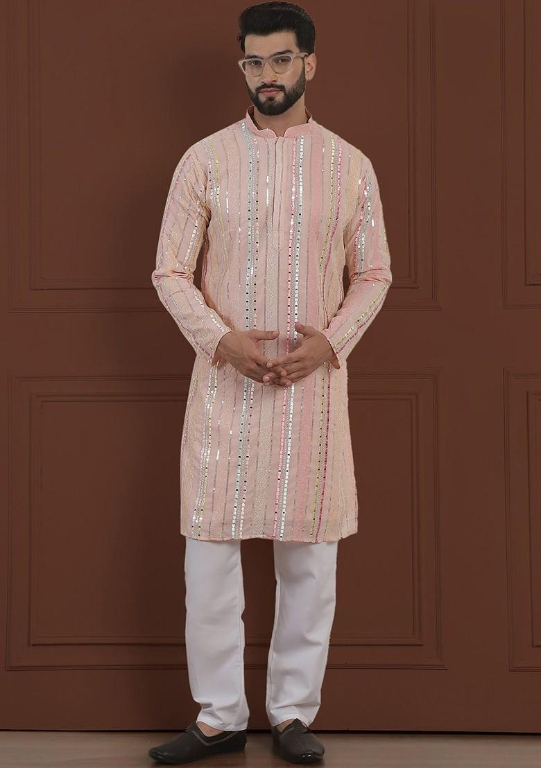 Pink Striped Poly Blend Kurta Set For Men