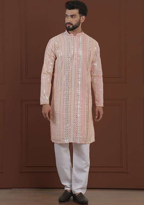 Pink Striped Poly Blend Kurta Set For Men