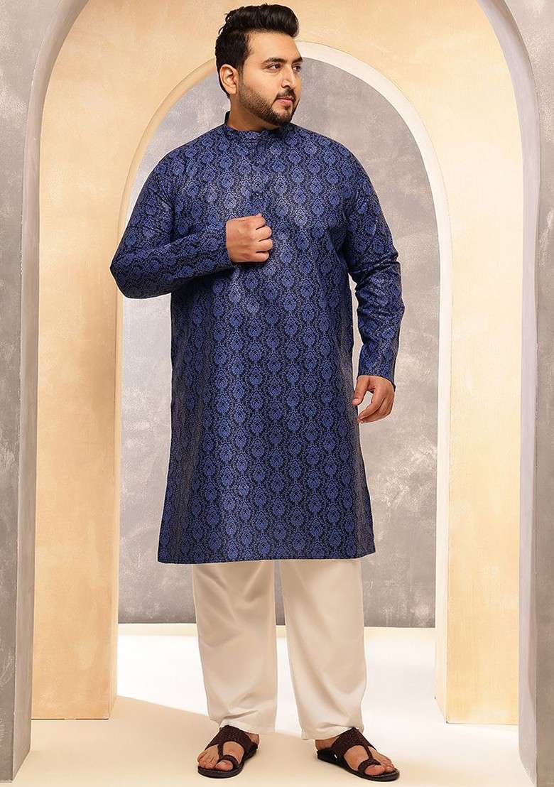 Navy Blue Ethnic Motifs Cotton Kurta Set For Men - Indya