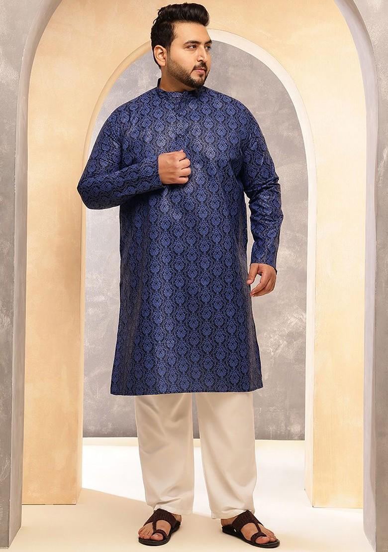 Navy Blue Ethnic Motifs Cotton Kurta Set For Men