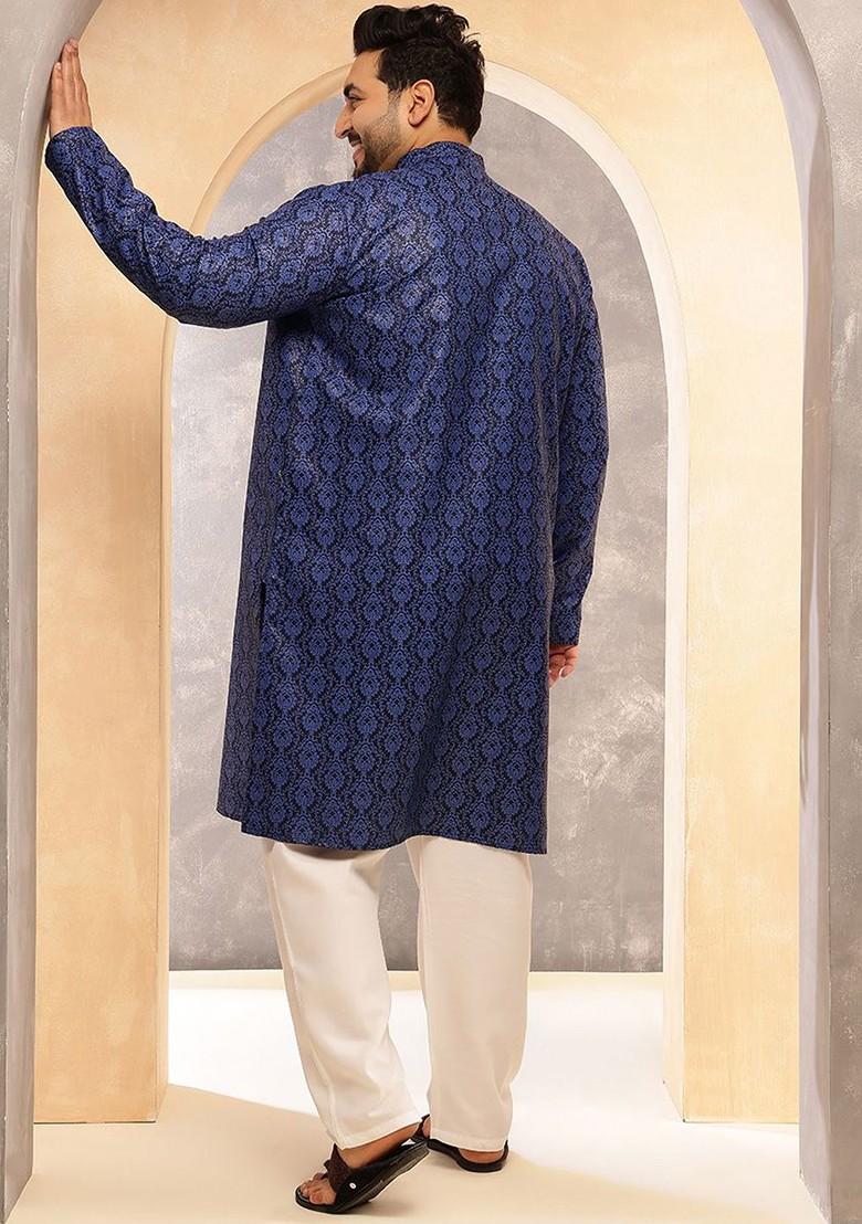 Navy Blue Ethnic Motifs Cotton Kurta Set For Men
