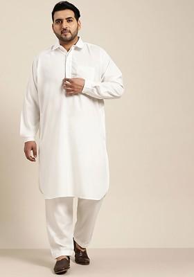 Off White Solid Cotton Kurta Set For Men