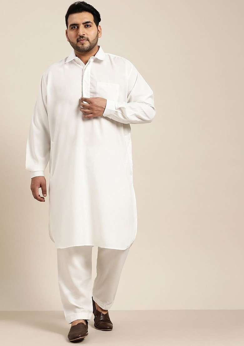 Off White Solid Cotton Kurta Set For Men - Indya