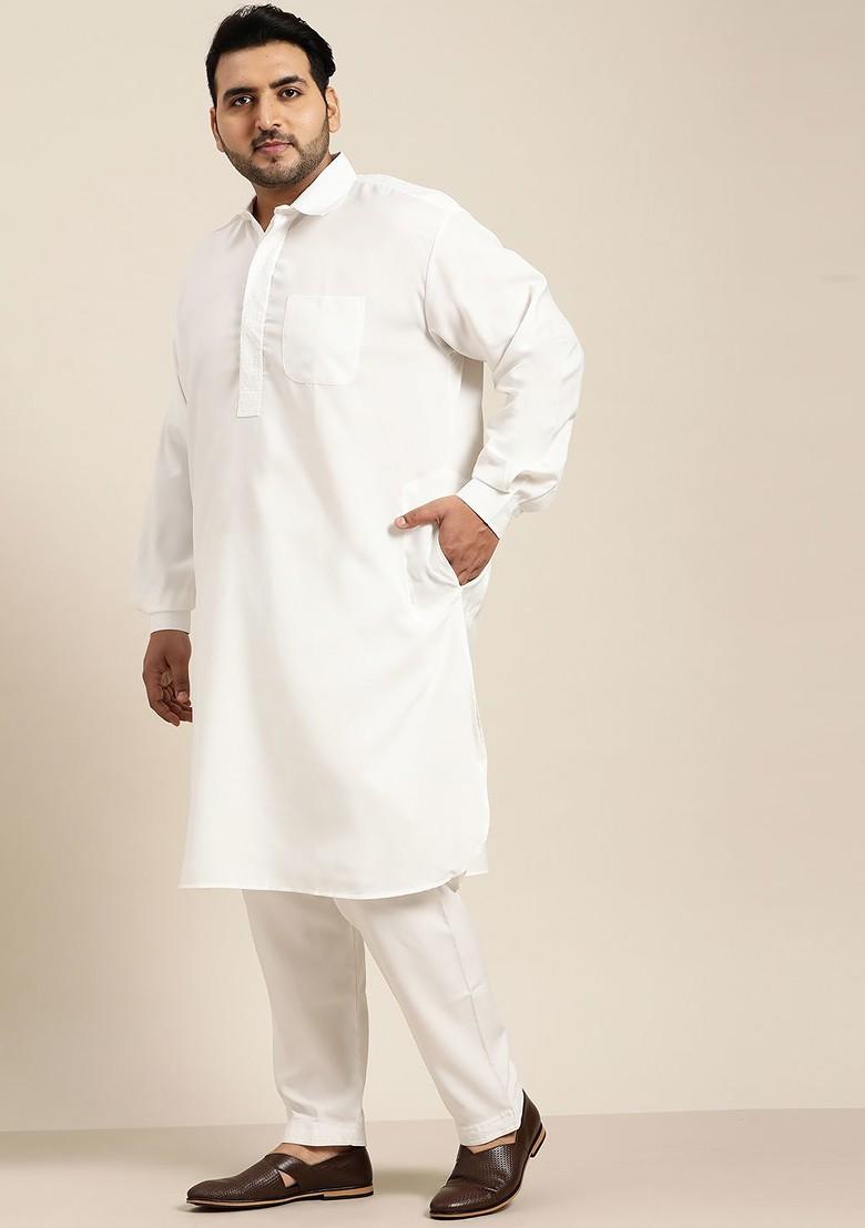 Off White Solid Cotton Kurta Set For Men