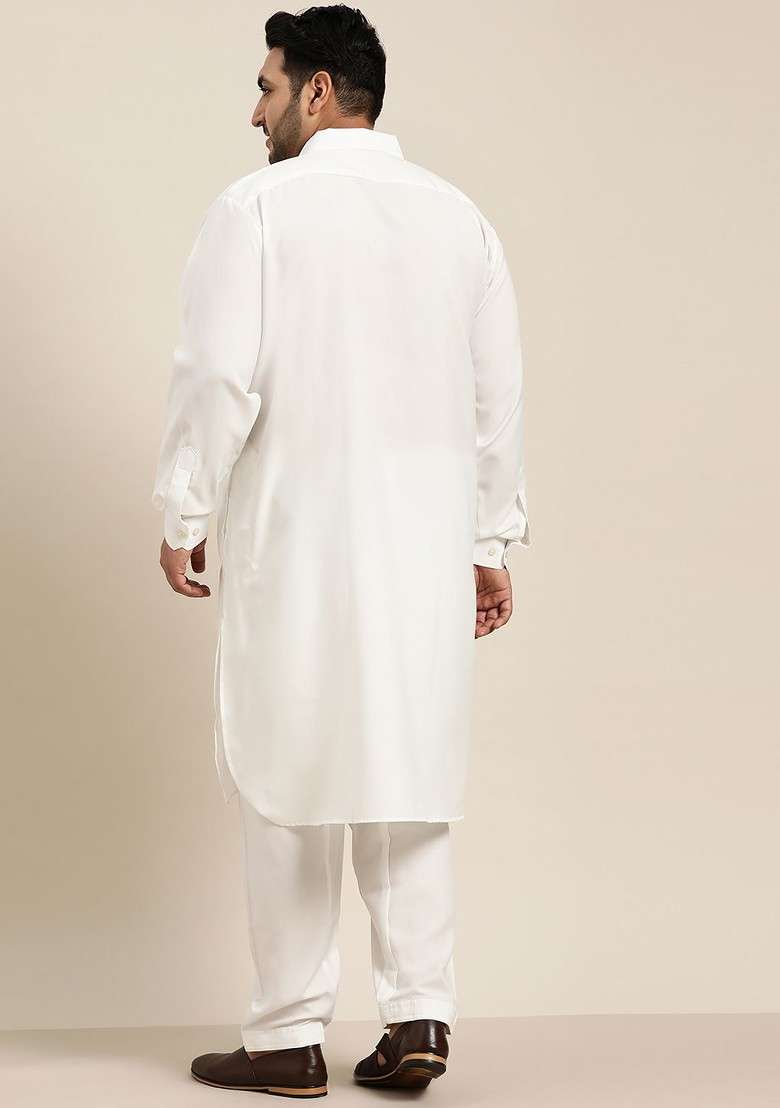 Off White Solid Cotton Kurta Set For Men - Indya