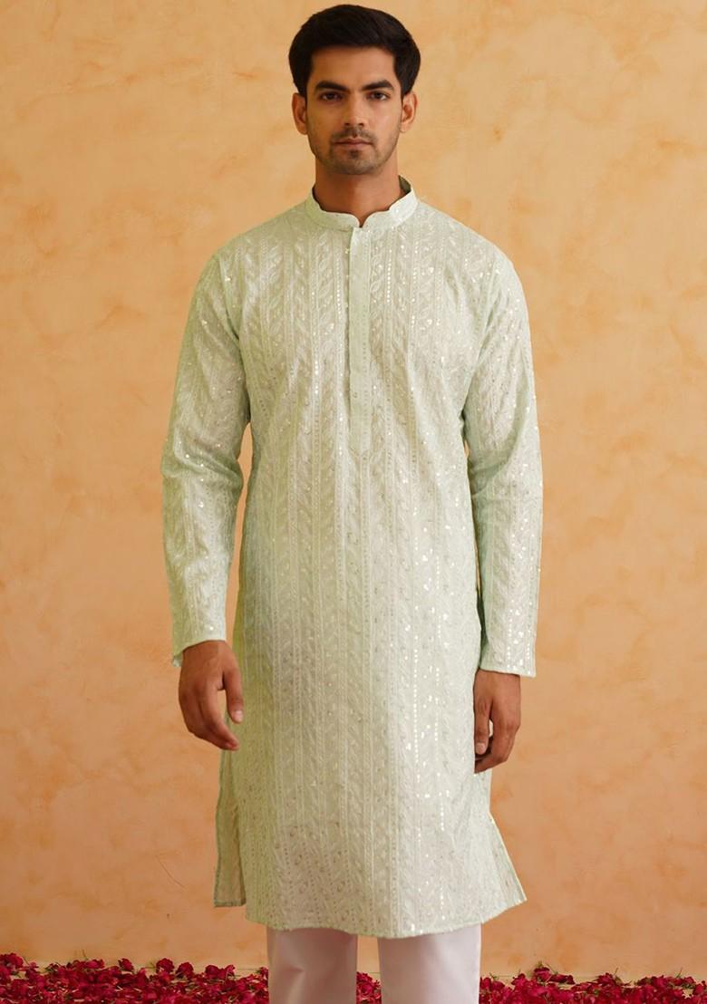 Sea Green Thread Work Cotton Kurta Set For Men