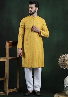 Mustard Thread Work Poly Blend Kurta Set For Men