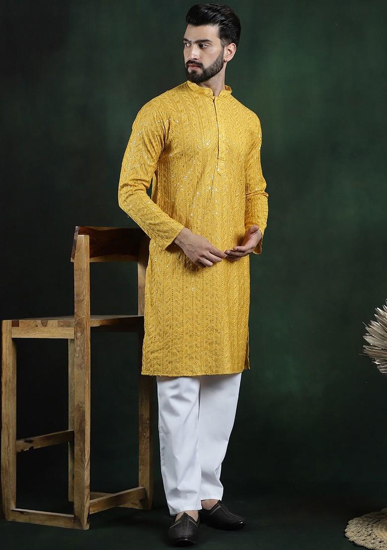 Mustard Thread Work Poly Blend Kurta Set For Men