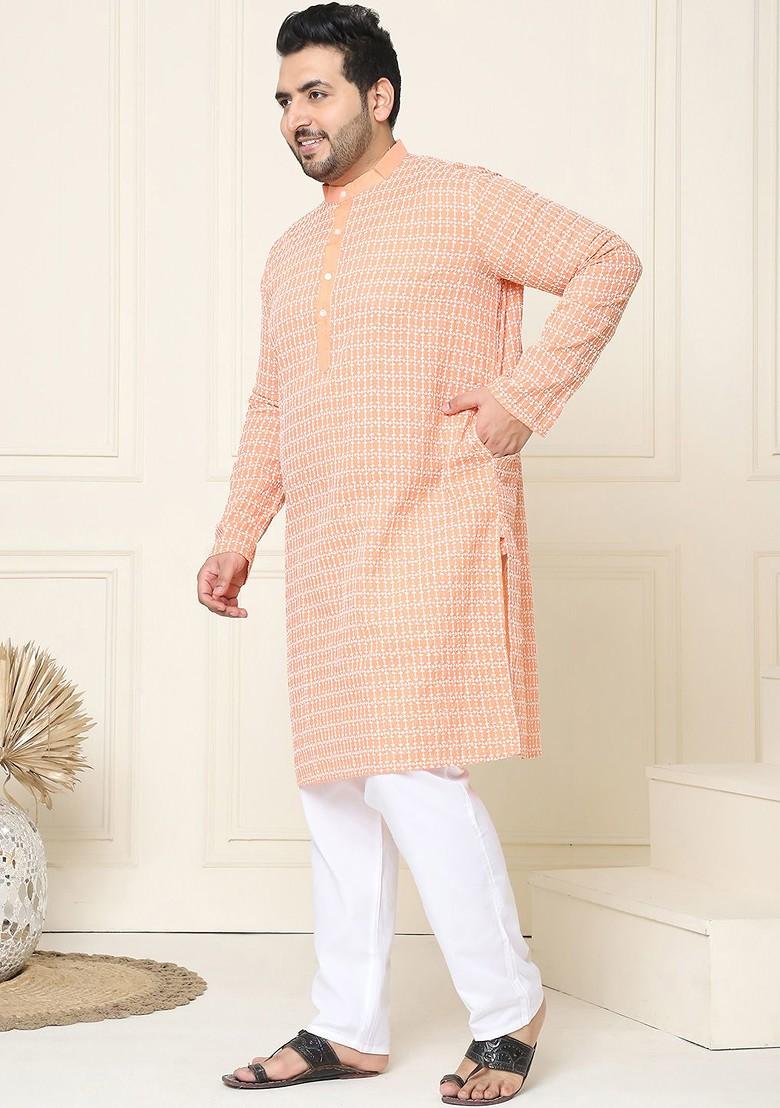 Peach Embroidered Cotton Kurta Set For Men