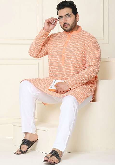 Peach Embroidered Cotton Kurta Set For Men