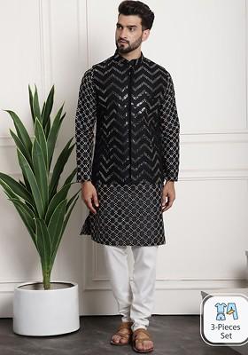 Black Thread Work Cotton Kurta Set For Men