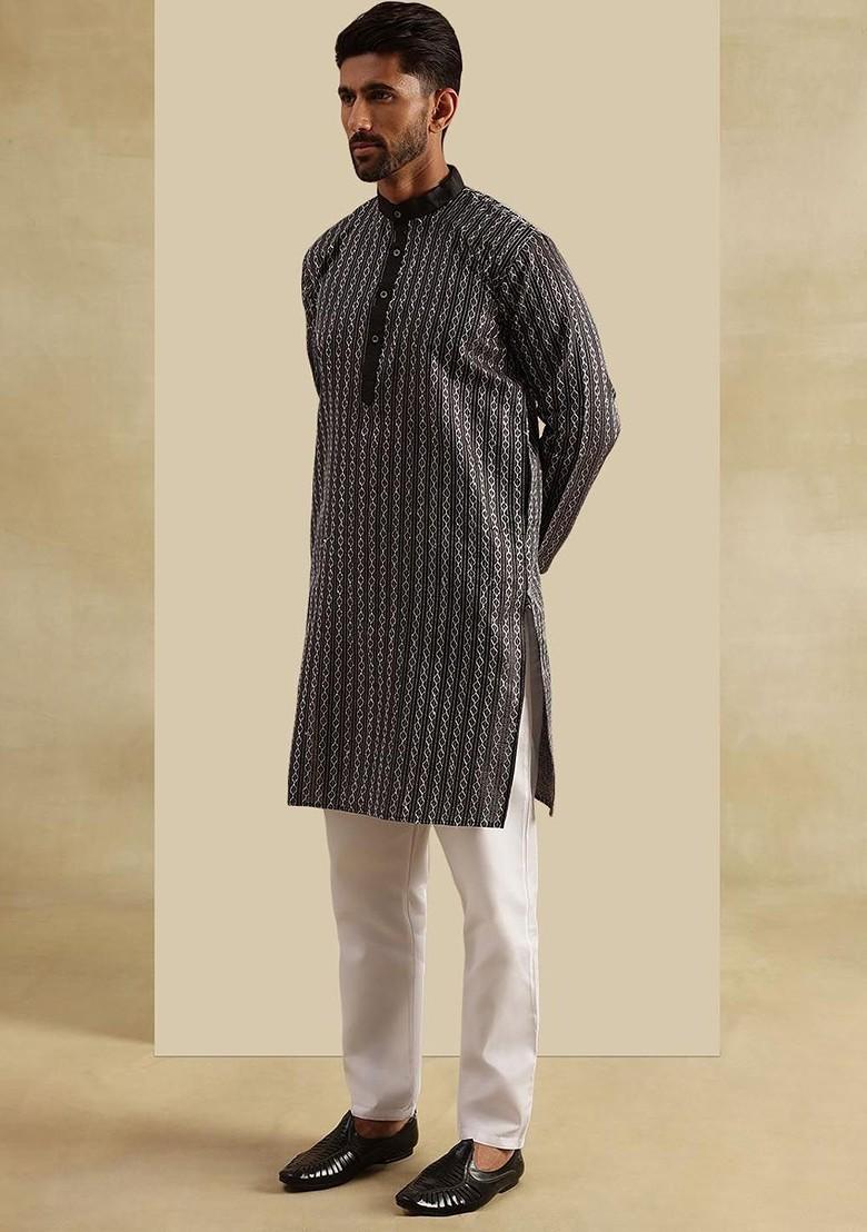 Black Embroidered Poly Blend Kurta Set For Men