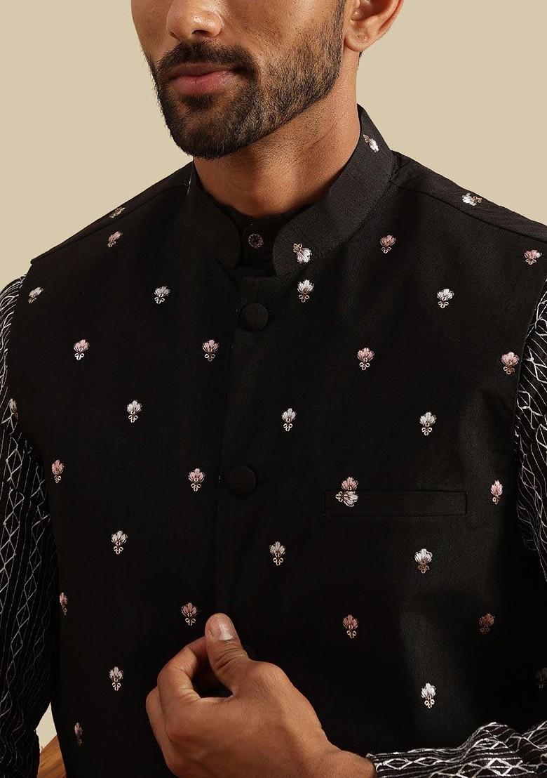 Black Embroidered Poly Blend Kurta Set For Men