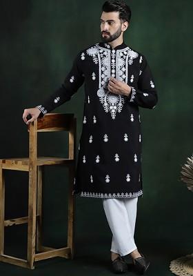 Black Thread Work Cotton Kurta Set For Men