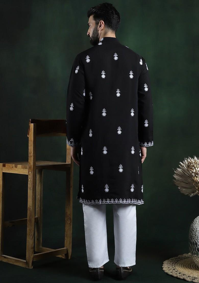 Black Thread Work Cotton Kurta Set For Men
