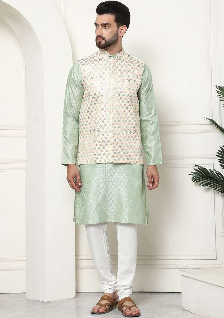 Green Ethnic Motifs Poly Blend Kurta Set For Men - Indya