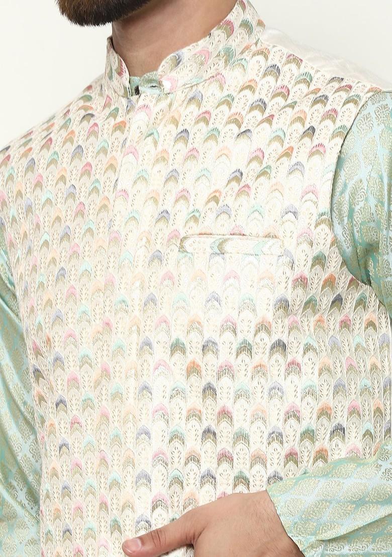 Green Ethnic Motifs Poly Blend Kurta Set For Men