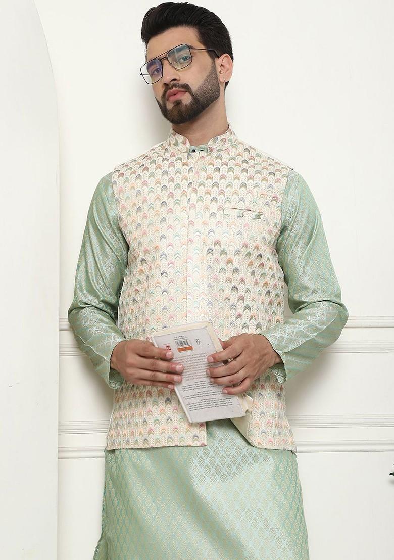 Green Ethnic Motifs Poly Blend Kurta Set For Men